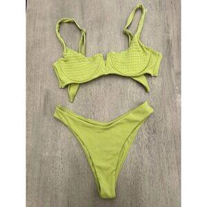 Zaful Lime Green Ribbed Underwire‎ Bikini Set Y2K High Cut Two Piece Swimsuit M